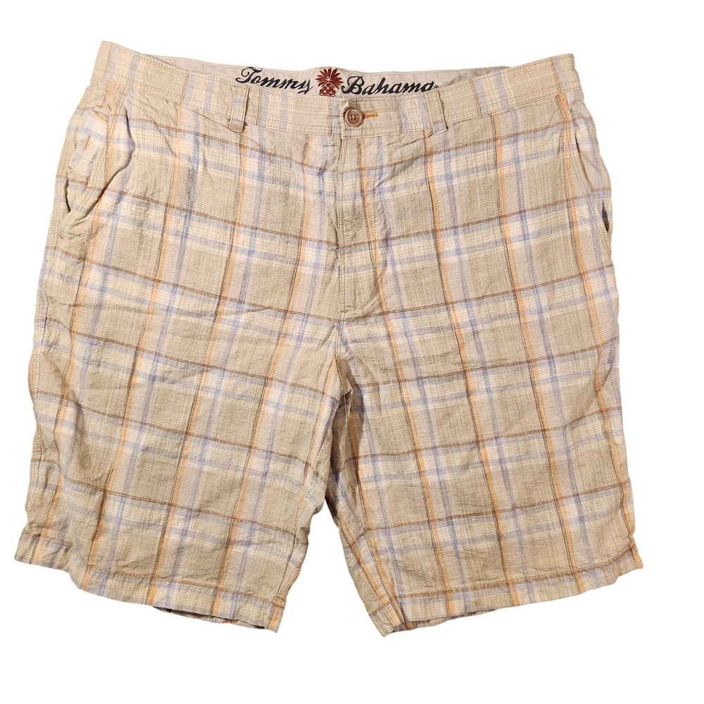 Vintage Tommy Bahama Shorts Mens 38 Tan Plaid Linen Silk Blend Flat Front Golf